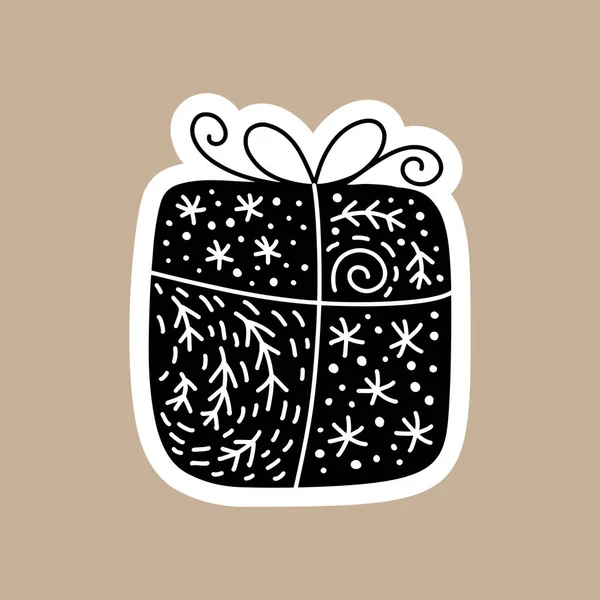 Kerst Zwarte vector sticker met leuke en grappige geschenkdoos. Met de hand getekend Scandinavische badge karakter voor notebook, plakboek, smartphone of planner. platte grafische geïsoleerde illustratie — Stockvector