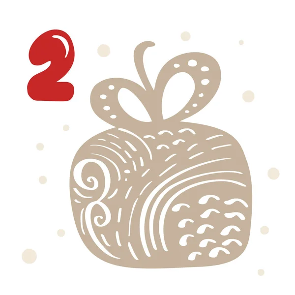 Зимняя векторная иллюстрация нордической подарочной коробки. Рождественский календарь Адвент двадцать пять дней до праздника Xmas, два дня. милый скандал, нарисованный рукой — стоковый вектор