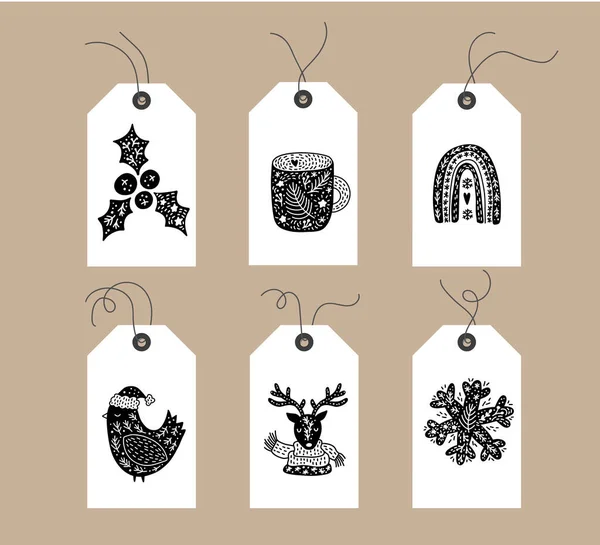 Set von handgezeichneten Doodle skandinavischen Weihnachts-Element-Tags. Kollektion winterurlaub vektor lustige becher regenbogen vogel hirsch schneeflocke dekorativ hygge xmas elemente — Stockvektor