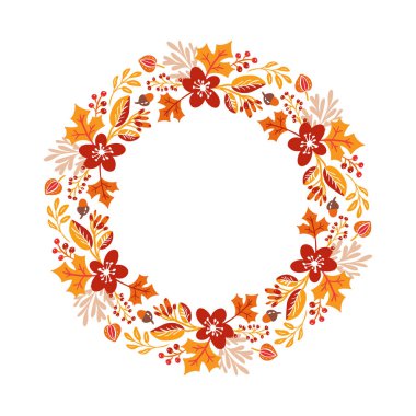 Vektör Autumn yuvarlak çerçevesi. Düşen yaprakların çelengi. Arka planda elle çizilmiş sonbahar yaprakları mesajınız için yeriniz var. Karalama İskandinav tasarım elementleri çizimi