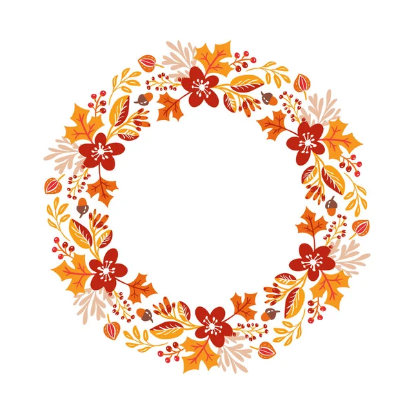 ベクトル秋のラウンドフレーム。秋の葉のリース。手書きの秋の葉を背景にテキストを配置します。ドードル・スカンディナヴィアのデザイン要素図 — ストックベクタ