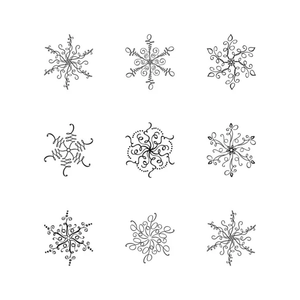 Set von Weihnachten Vektor kalligrafische Schneeflocken. Handgezeichnetes Symbol im trendigen flachen Stil isoliert auf weißem Hintergrund. Weihnachten Schnee Winter Illustration — Stockvektor