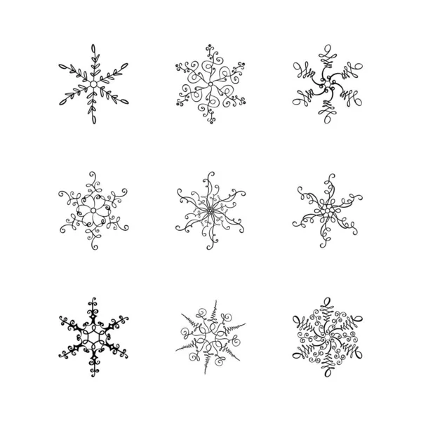 Bündel von Weihnachts-Vektor-kalligrafischen Schneeflocken. Handgezeichnetes Set-Symbol im trendigen flachen Stil isoliert auf weißem Hintergrund. Weihnachten Schnee Winter Illustration — Stockvektor
