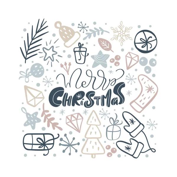 グリーティングカードメリークリスマスベクトル書道レタリングテキストとクリスマスの落書きのスキャンディナヴィア要素。冬休みのクリスマスと新年明けましておめでとうございます — ストックベクタ