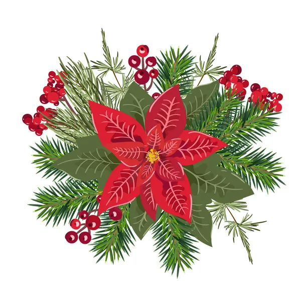 Vector Winter Poinsettia Noel Yıldızı çiçeği ve kırmızı böğürtlen. Web ve mobil uygulama tasarım biçimi çizimi beyaz arkaplanda izole edildi — Stok Vektör
