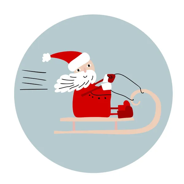 Leuke vector Santa Claus rijden in zijn Kerstslee of Sled. Handgetekende doodle Scandinavische baby illustratie op blauwe ronde achtergrond — Stockvector