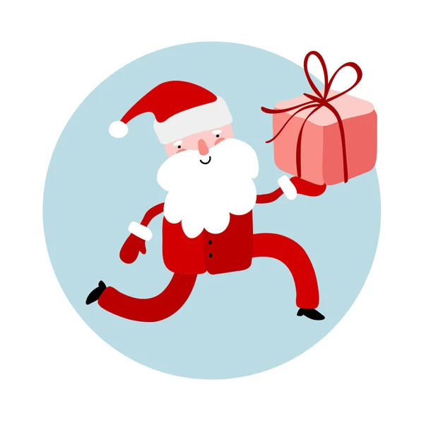 Vetor desenhado à mão Papai Noel correndo com caixa de presente divertido Feliz Natal ilustração cartão de saudação, saco de muitos presentes surpresa isolados no fundo azul — Vetor de Stock