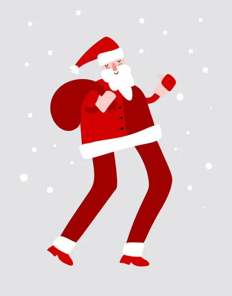 Vecteur dessiné à la main Père Noël courir avec sac cadeau rouge amusant Joyeux Noël temps illustration carte de voeux, sac de nombreux cadeaux surprise isolé sur fond de neige grise — Image vectorielle
