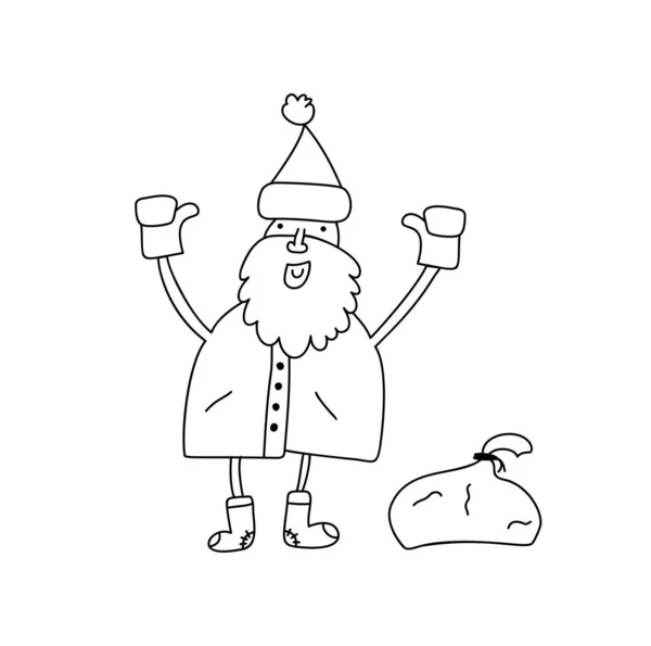 Drôle de dessin animé vecteur monoline Père Noël avec sac cadeau. Illustration dessinée à la main pour les affiches de Noël et du Nouvel An, étiquettes cadeaux et étiquettes — Image vectorielle