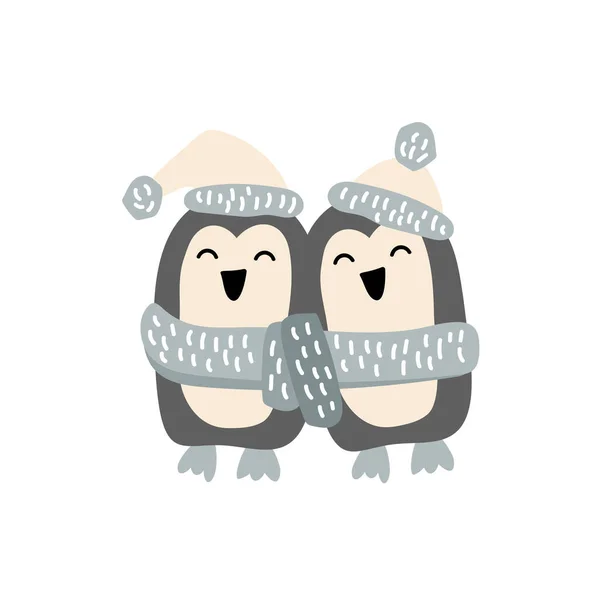 可爱的圣诞节矢量手绘了两只企鹅。斯堪的纳维亚冬季幼儿T恤图解，儿童服装，邀请函。简单的儿童设计 — 图库矢量图片