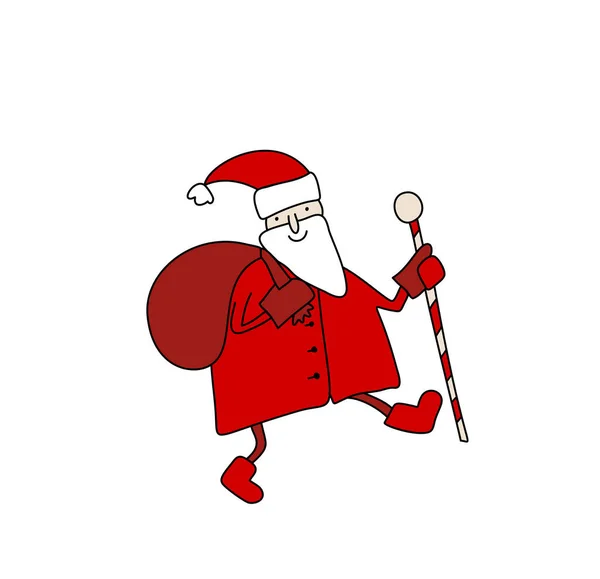 Vetor desenhado à mão Papai Noel andando com saco de presente vermelho divertido Feliz Natal ilustração cartão de saudação, saco de muitos presentes surpresa isolados no fundo branco —  Vetores de Stock