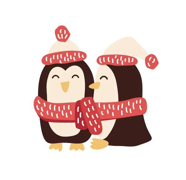 Söta jul vektor handritade två pingviner. Skandinavisk vinter illustration för plantskola baby t-shirt, kids kläder, inbjudan. Enkel barnkonstruktion — Stock vektor