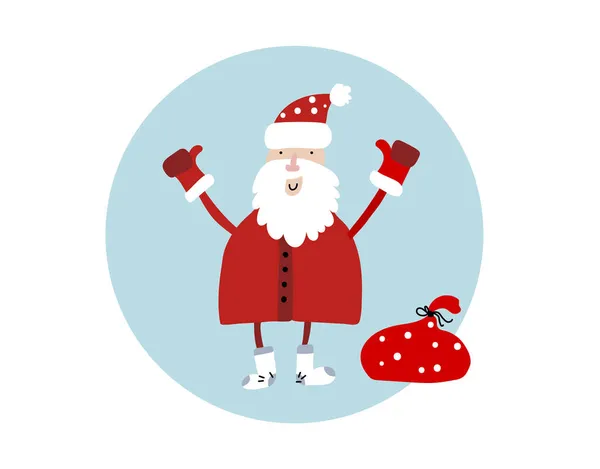 Joyeux Noël temps illustration carte de vœux avec le Père Noël, sac de nombreux cadeaux surprise sur traîneau et typographie moderne isolé sur fond bleu — Image vectorielle