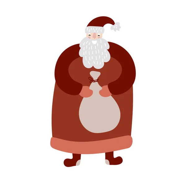 Diversión vectorial dibujada a mano Santa Claus con bolsa en sus manos con muchos regalos sorpresa Feliz Navidad. Tarjeta de felicitación Baby Scandinavian Illustration tipografía moderna aislada — Vector de stock