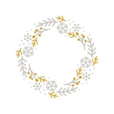 Yılbaşı karalamaları, çiçek dalı ve kar tanelerinin çerçevesini çizerek metin süslemesi için çizilmiş. Şirin İskandinav tarzı illüstrasyon