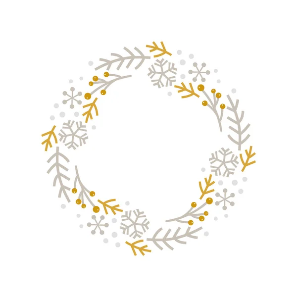 Christmas doodle hand drawn vector wreath floral branch and snowflakes frame for text decoration. Cute Scandinavian style illustration — Stock Vector