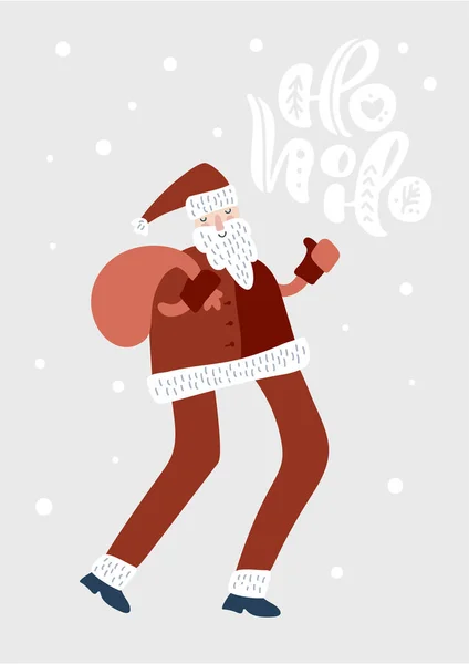 Ho ho ho vetor de Natal caligrafia texto doodle escandinavo mão desenhada ilustração Papai Noel com presentes. Cartão de saudação para férias de inverno xmas e Feliz Ano Novo —  Vetores de Stock