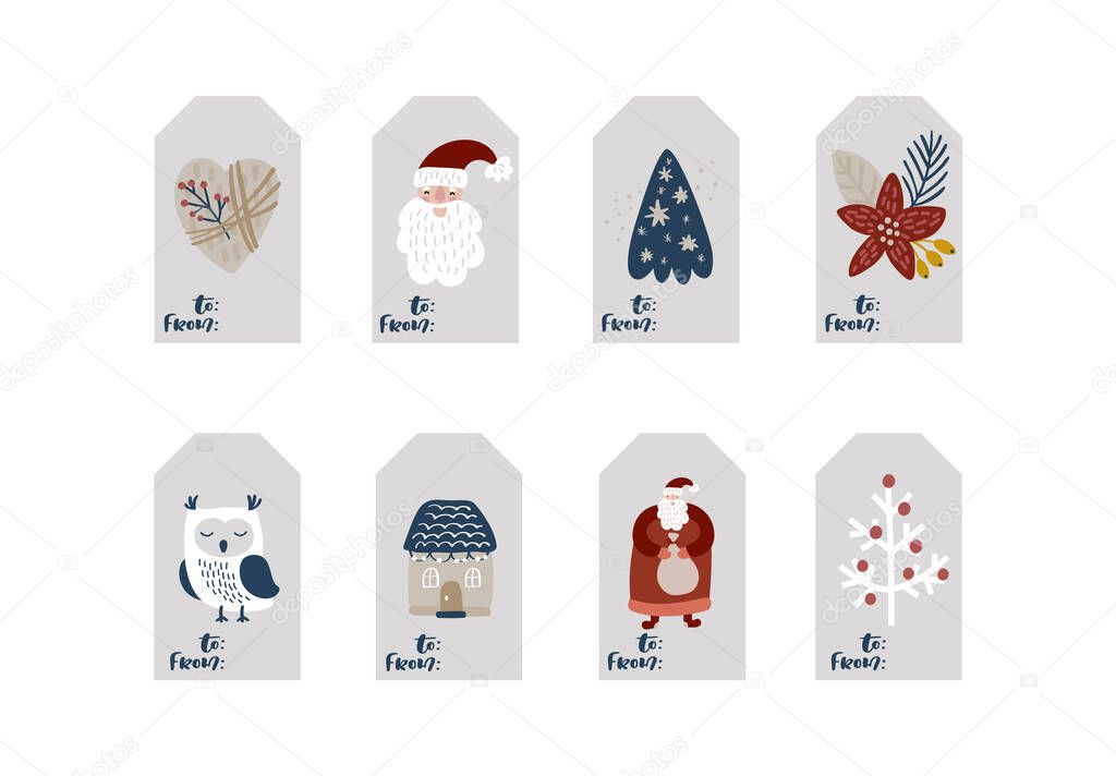 Set of hand drawn doodle scandinavian Christmas element tags with place for text. Collection holiday vector gift and bundle decorative hygge xmas elements