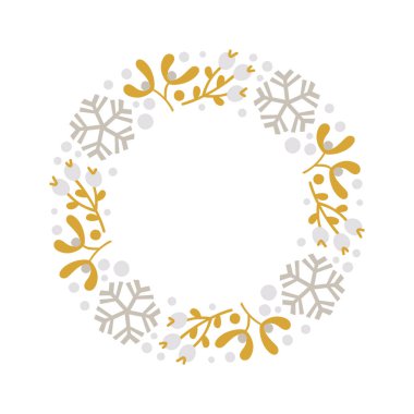 Yılbaşı karalamaları, çiçek dalı ve kar tanelerinin çerçevesini çizerek metin süslemesi için çizilmiş. Şirin İskandinav tarzı illüstrasyon