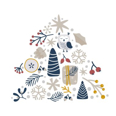 Noel vekil eli köknar ağacı formunda çizilmiş. Karalama İskandinav elementleri hediye, baykuş, kar tanesi, portakal ve diğerleri. Kış tatili tebrik kartı kompozisyonu
