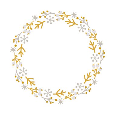 Yılbaşı karalamaları, çiçek dalı ve kar tanelerinin çerçevesini çizerek metin süslemesi için çizilmiş. Hoş bir İskandinav tarzı çizim