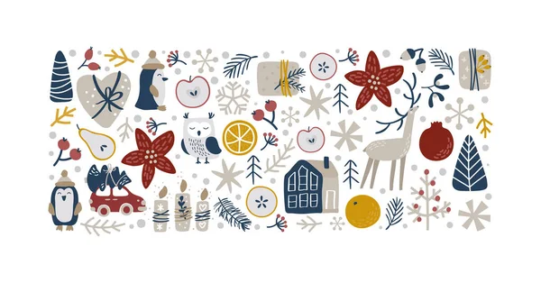 Navidad vector dibujado a mano rectángulo forma xmas doodle elementos escandinavos casa, ciervos, copo de nieve, naranja y otros. Composición para la tarjeta de felicitación de vacaciones de invierno — Archivo Imágenes Vectoriales