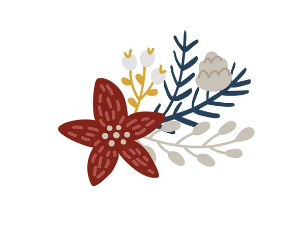 クリスマスポインセチア手描かれた花ベクトル境界分周器。デザイン要素装飾花と果実のスキャンディナヴィアの枝との誓いと休日のシンボル — ストックベクタ