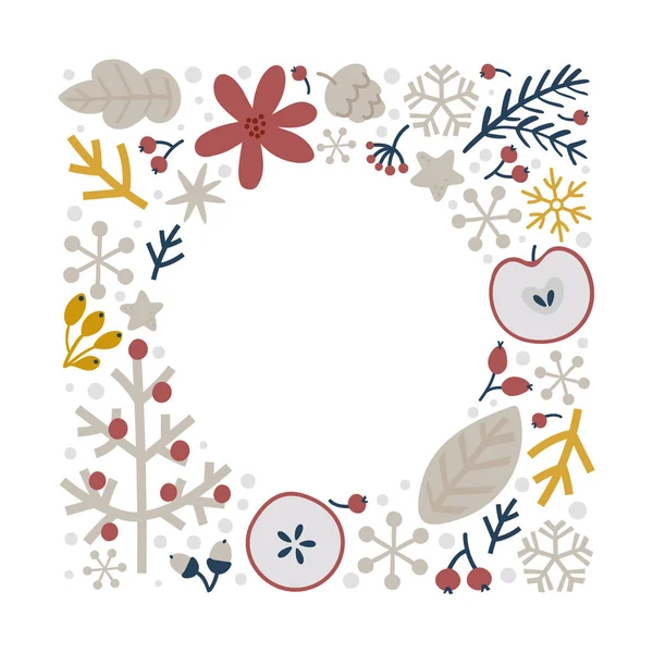 Christmas doodle hand drawn vector floral square frame with branches and snowflakes for text decoration. Cute holiday Scandinavian style illustration — стоковий вектор