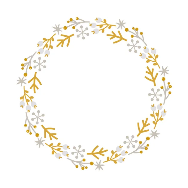 Serre de Noël dessinée à la main vecteur couronne branche florale et cadre flocons de neige pour la décoration de texte. Mignon vacances illustration de style scandinave — Image vectorielle