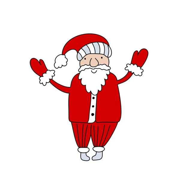 Hand drawn vector Santa Claus with red hat and mittens. Fun Merry Christmas time illustration greeting card isolated on white background —  Vetores de Stock