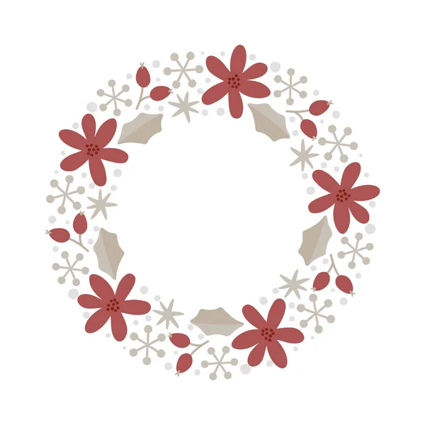 Christmas doodle hand drawn vector wreath floral branch, leaves and snowflakes frame for text decoration. Cute holiday Scandinavian style illustration — стоковий вектор