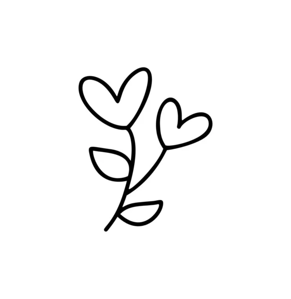 Monolinblomma med hjärtan. Alla hjärtans dag hand ritad ikon. Semester skiss klotter Design växt element valentin. älskar inredning för webb, bröllop och tryck. Isolerad illustration — Stock vektor