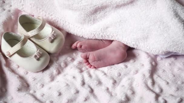 Avvicinamento dei piedi di un neonato. Primo piano delle gambe di un bambino piccolo — Video Stock