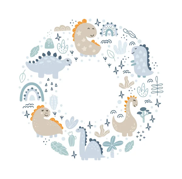 Círculo Marco vectorial con dinosaurios y dino de letras a mano con lugar para su texto sobre fondo blanco. Tarjeta de felicitación, diseño de póster elemento escandinavo — Vector de stock