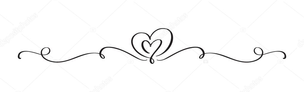 Hand Drawn Vintage Flourish Vector divider. Valentines Day Black Calligraphic Heart. Calligraphy Holiday illustration. Design valentine element. Icon love decor for web, wedding