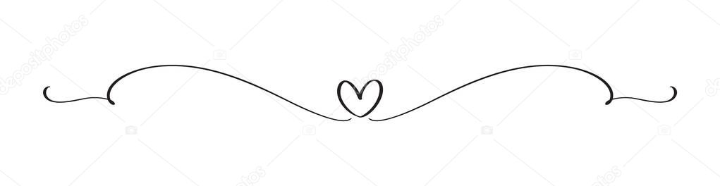 Hand Drawn Vintage Flourish Vector divider. Valentines Day Black Calligraphic Heart. Calligraphy Holiday illustration. Design valentine element. Icon love decor for web, wedding