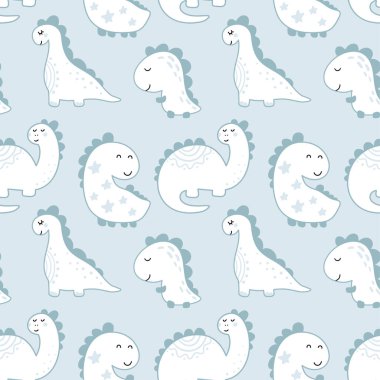 Dinosaur cute kids seamless pattern. Little cute dinos. Vector illustration boy. Baby dino scandinavian style. Doodle funny animals design for childish textile