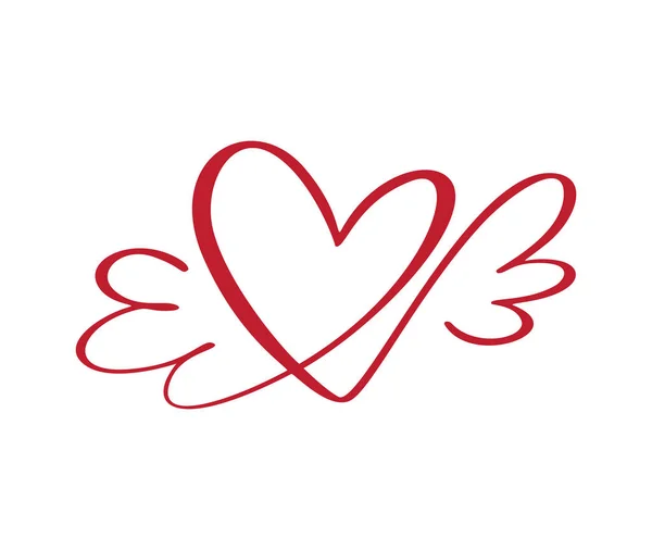 Aşk ikonu vektör kaligrafik kalbi ve kanatları. El çizimi sevgililer günü el yazısı logosu. Tebrik kartı, kupa, fotoğraf kaplamaları, tişört baskısı, broşür, poster tasarımı için dekor — Stok Vektör