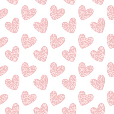 Sevgililer Günü 'nde pürüzsüz bir kupa deseni çizilmiş pembe bir el. Kumaş, ambalaj, duvar kağıdı için vektör illüstrasyon dokusu. Dekoratif baskı
