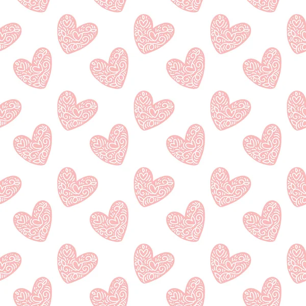 Rosa vintage mão desenhada padrão sem costura de corações no dia dos namorados. Textura de ilustração vetorial para tecido, embalagem, papel de parede. Impressão decorativa —  Vetores de Stock