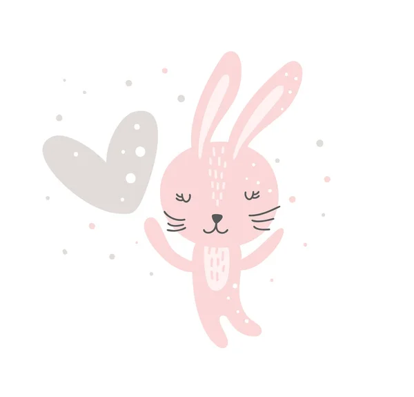 Söt valentine klotter hand dras rosa kanin flicka med hjärta illustration. Söt kanin karaktär som håller ett hjärta. Tecknad karaktär baby vektor logotyp för webbdesign isolerad på vit bakgrund — Stock vektor
