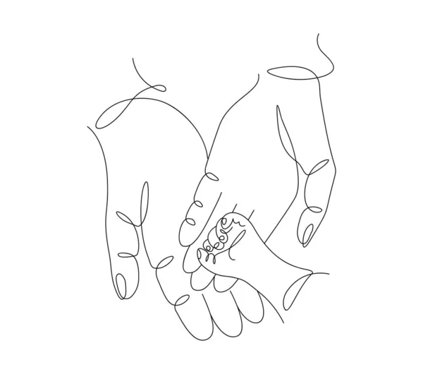 Μια συνεχής γραμμή σχεδίου τέχνη επίπεδη doodle άνθρωποι χέρια, μαμά αγαπούν τον μπαμπά και το μωρό, μητέρα πατέρα. Μεμονωμένη εικόνα ζωγραφισμένη στο χέρι περίγραμμα σε λευκό φόντο. Η έννοια της οικογενειακής ευτυχίας — Διανυσματικό Αρχείο