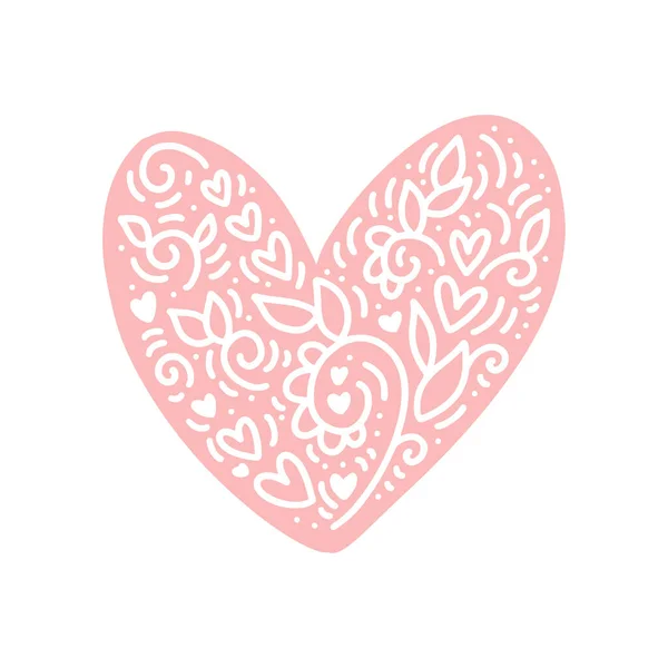 Escandinavo bonito mão coração desenhado com flores e folhas em estilo hygge. florescer elemento vetorial para o dia dos namorados, romântico amor cartão de saudação, férias —  Vetores de Stock