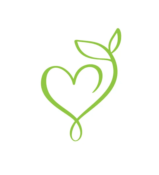 Icône vectorielle verte forme de coeur et feuille. Peut être utilisé pour les soins de santé à base de plantes éco, végétalien ou concept de soins de la nature logo biologique — Image vectorielle