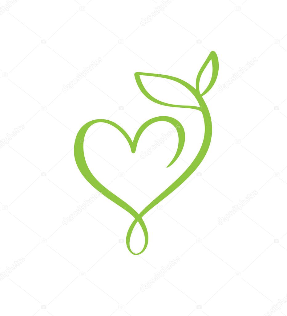 Green vector icon heart shape and leaf. Can be used for eco, vegan herbal healthcare or nature care concept organic logo design