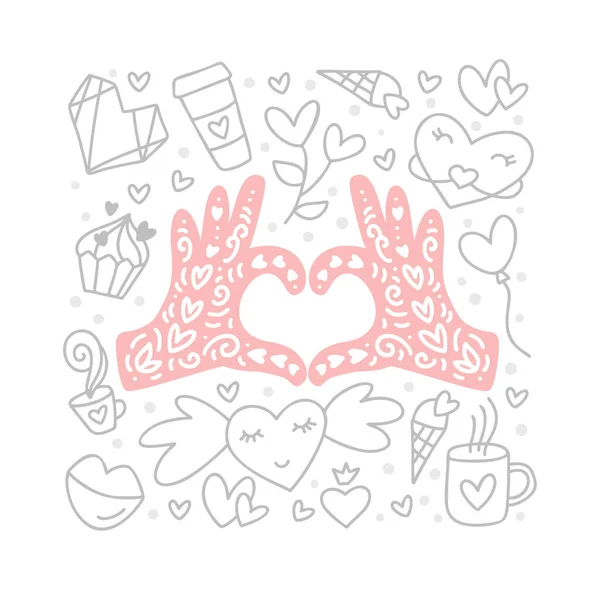 Dia dos Namorados vintage doodle vetor elementos e mãos em forma de coração no centro. Cartaz de amor desenhado à mão, diamante, envelope, bolo, xícara. Romântico ilustração citação cartão de saudação —  Vetores de Stock