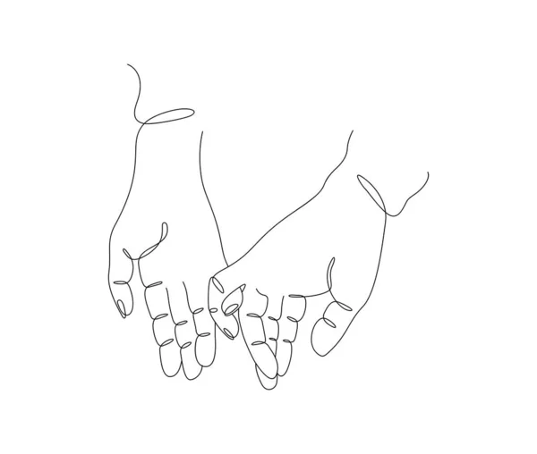 Ένα συνεχές Valentine ενιαία γραμμή σχεδίασης art doodle ζευγάρι χέρια αγάπη, αγόρι και κορίτσι, άνδρας και γυναίκα, σύζυγος και γυναίκα. Μεμονωμένη εικόνα ζωγραφισμένη στο χέρι περίγραμμα σε λευκό. έννοια της οικογενειακής ευτυχίας — Διανυσματικό Αρχείο