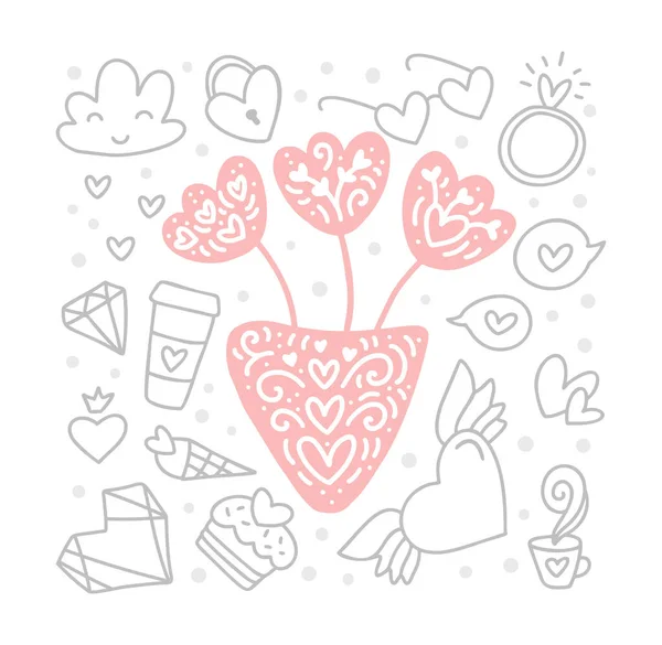 Sevgililer Günü için ortasında çiçekler olan klasik karalama vektör elementleri ve vazo. Elle çizilmiş aşk kalbi, elmas, yüzük, pasta, bardak. Romantik illüstrasyon tebrik kartı — Stok Vektör