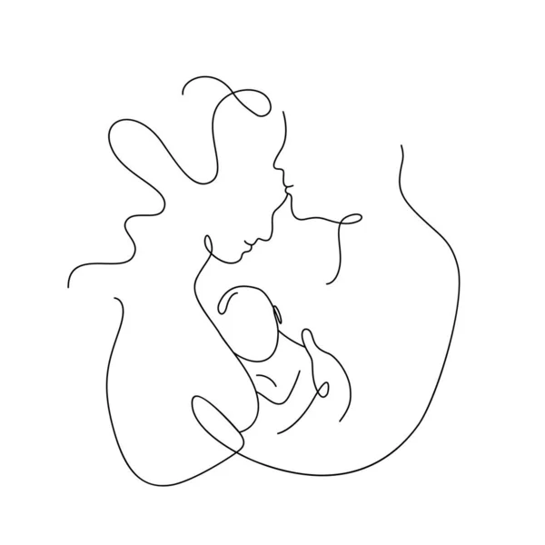 Одна сплошная монолитная линия рисования плоская семья, мама любит папу и ребенка, мама - отца. Изолированное изображение ручной работы контур на белом фоне. Понятие счастья — стоковый вектор