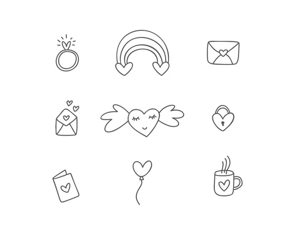 Conjunto de diferentes doodle elementos de amor con corazón para la boda, Día de San Valentín y beso icono de diseño del día. Ilustración de vectores de arte monolino dibujado a mano. Anillo romántico, arco iris, sobre — Vector de stock